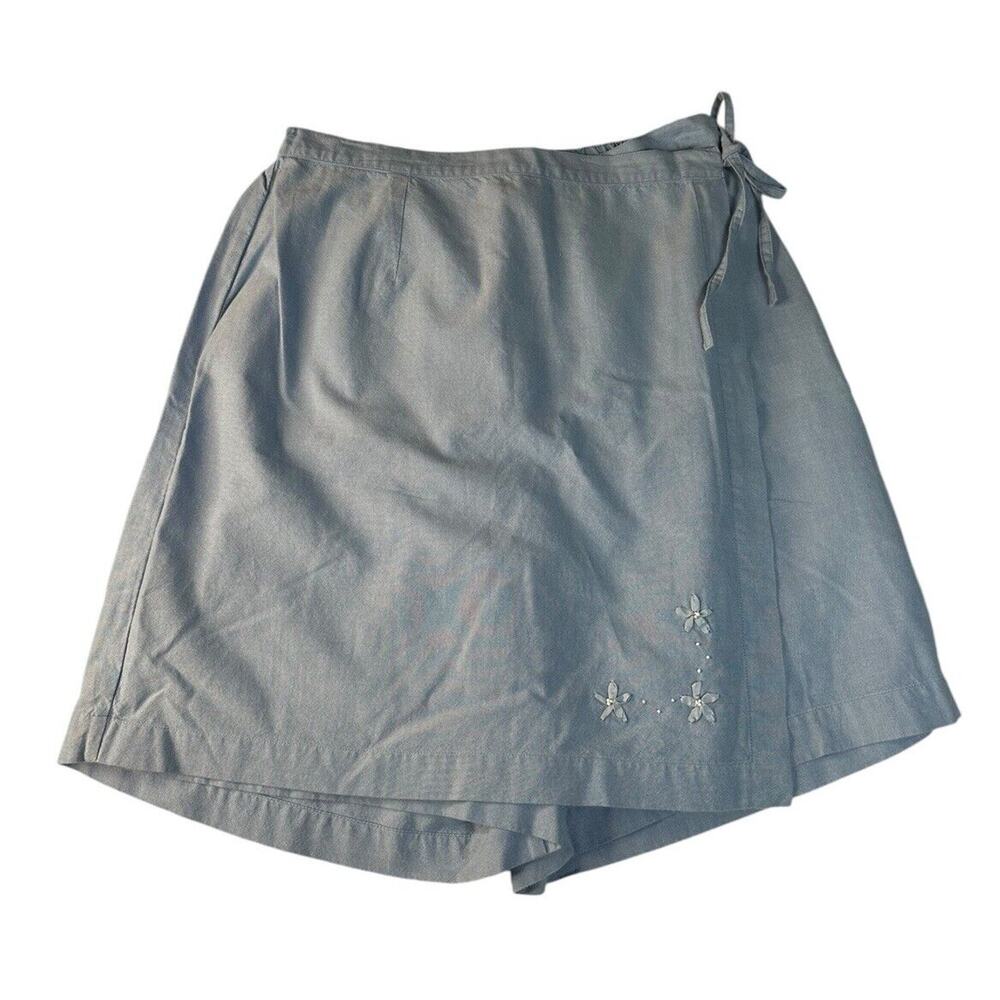 Denim & Co‎ Chambray Blue Faux Wrap Skirt Skort Tie Flap Front Womens L A103284